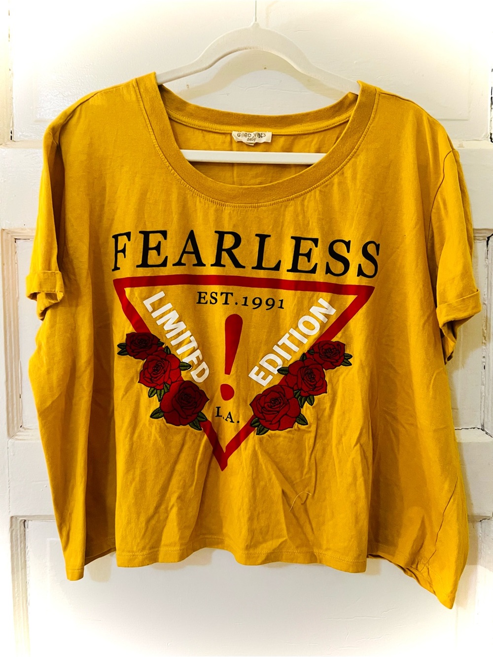 Vintage Limited Edition Fearless Mustard Crop Tee with Red Rose Embroidery